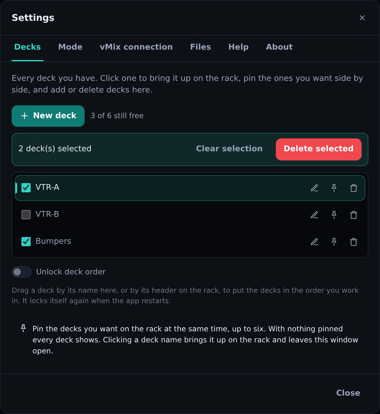 Los decks del rack, en Settings